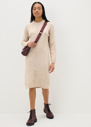 Beige Front Seam Knitted Dress