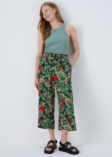 Black Floral Wide Leg Crop Trousers