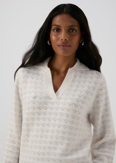 Cream Pointelle Open Collar Jumper