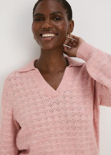 Pink Pointelle Open Collar Jumper