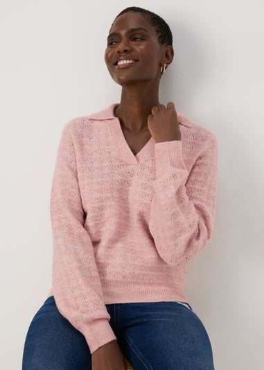 Pink Pointelle Open Collar Jumper