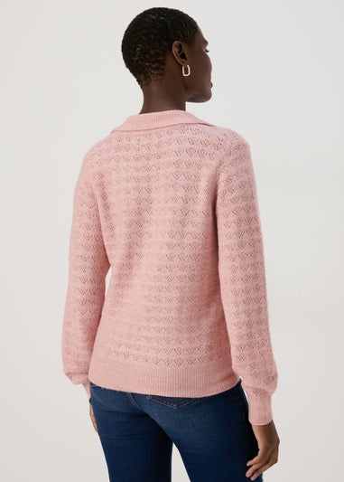 Pink Pointelle Open Collar Jumper