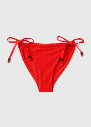 Red Textured Tie Side Bikini Briefs