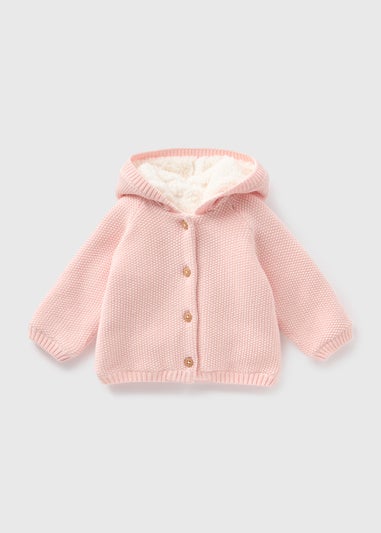 Baby Pink Borg Lined Knitted Cardigan (Newborn-23mths)