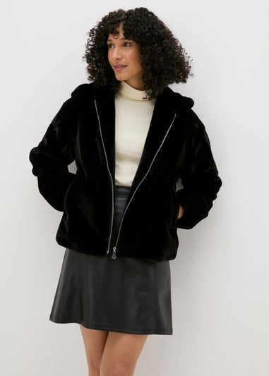 Black Faux Fur Hooded Coat