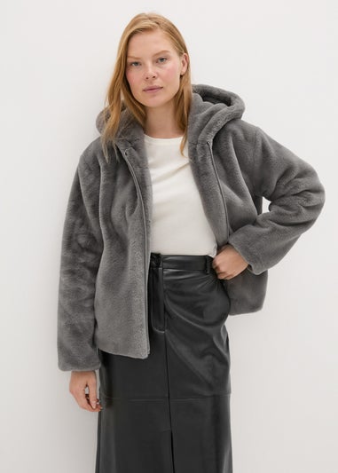 Grey Faux Fur Hooded Coat