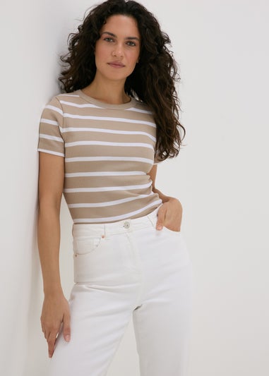 Beige Stripe Ribbed T-Shirt