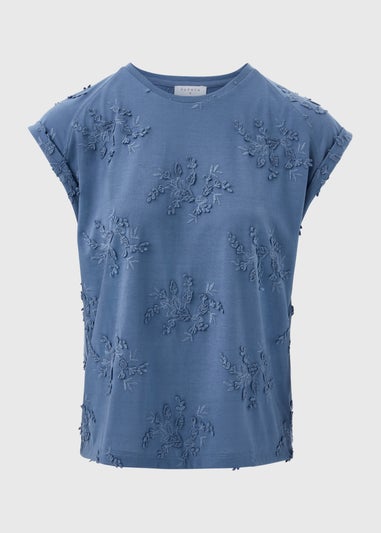 Blue Floral Embroidered T-Shirt