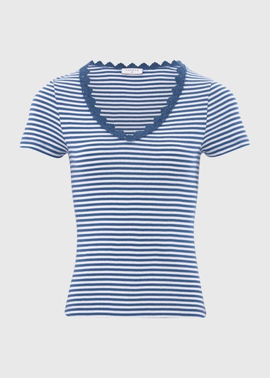 Blue Stripe Lace Detail T-Shirt