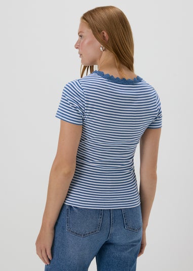 Blue Stripe Lace Detail T-Shirt