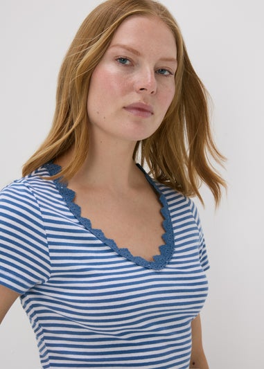 Blue Stripe Lace Detail T-Shirt