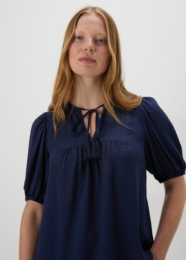 Navy Dobby Tassel Blouse