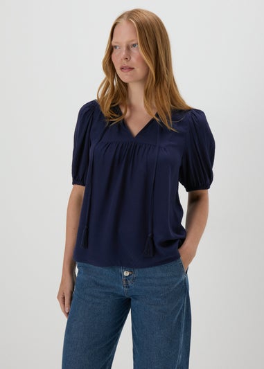 Navy Dobby Tassel Blouse