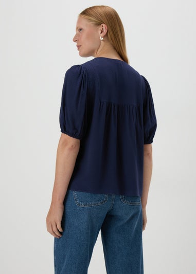 Navy Dobby Tassel Blouse