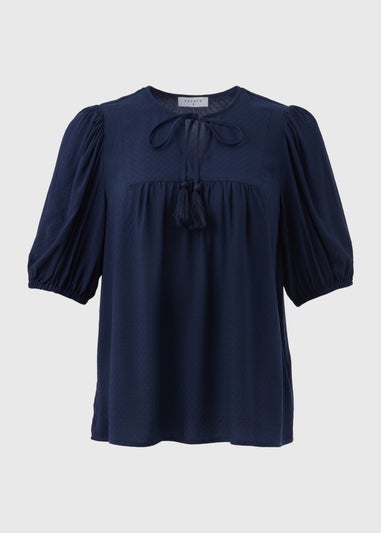 Navy Dobby Tassel Blouse