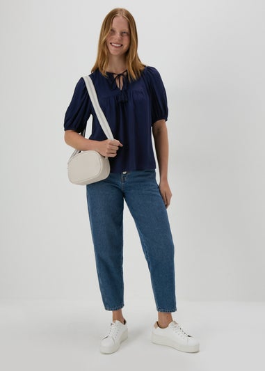 Navy Dobby Tassel Blouse