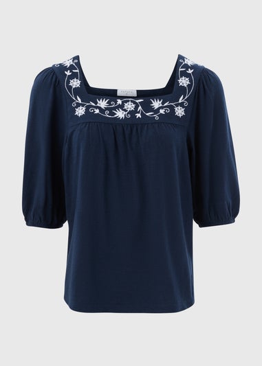 Navy Embroidered Floral 3/4 Sleeve Top