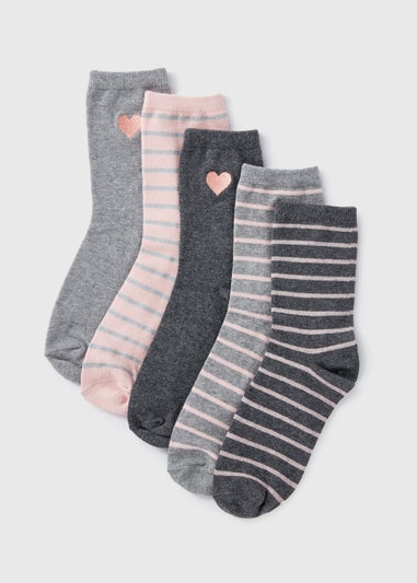 5 Pack Grey Heart & Stripe Crew Socks