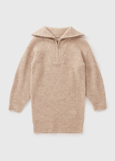 Girls Beige Knitted Zip Dress (7-15yrs)