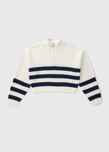 Girls White Stripe Half Zip Jumper (7-15yrs)