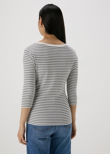 Grey Stripe 3/4 Sleeve Fitted T-Shirt