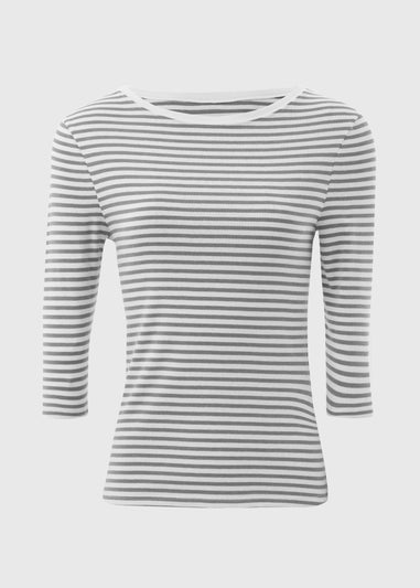 Grey Stripe 3/4 Sleeve Fitted T-Shirt