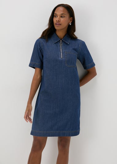 Dark Wash Denim Zip Front Mini Dress