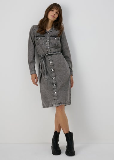 Grey Denim Shirt Midi Dress