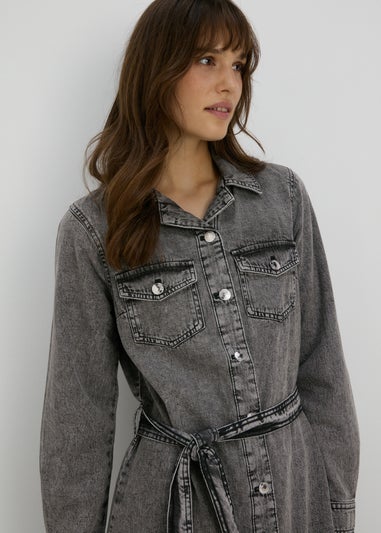 Grey Denim Shirt Midi Dress