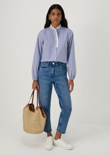 Blue Stripe Frill Neck Shirt