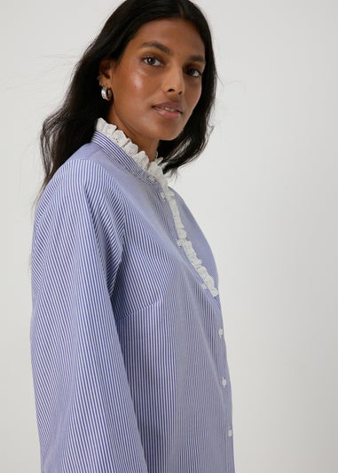 Blue Stripe Frill Neck Shirt