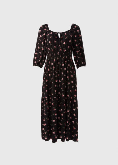 Black Floral Shirred Midi Dress