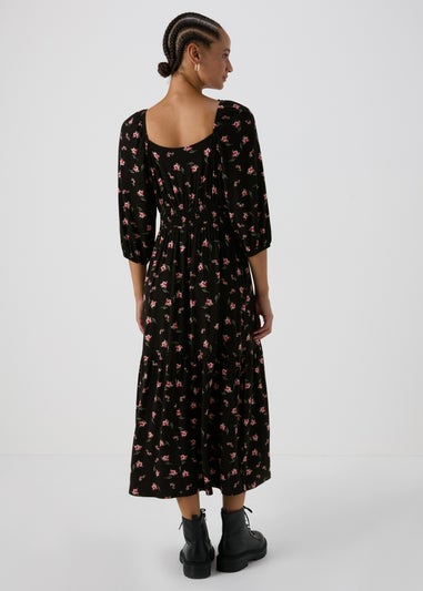 Black Floral Shirred Midi Dress