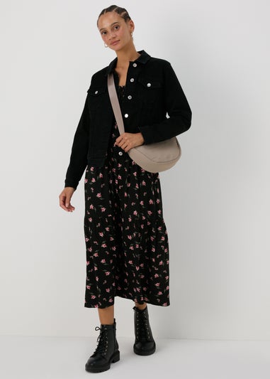 Black Floral Shirred Midi Dress