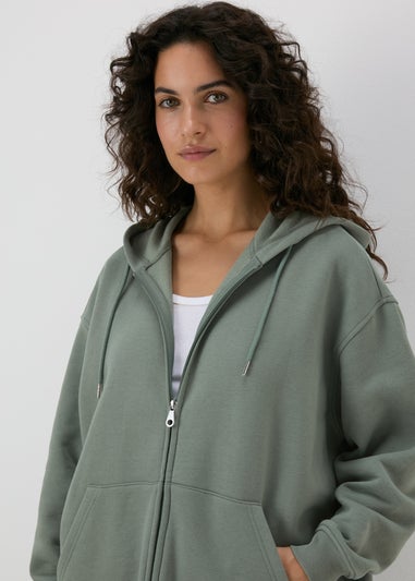 Khaki Longline Zip Up Hoodie