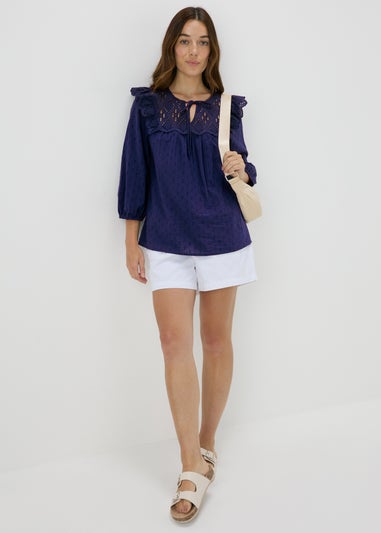 Navy Frill Embroidery Blouse