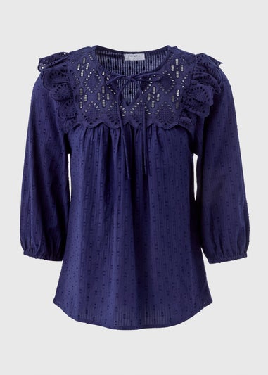 Navy Frill Embroidery Blouse