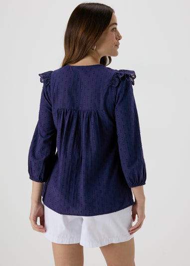 Navy Frill Embroidery Blouse