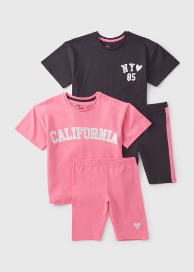 2 Pack Girls Pink Top & Shorts Pyjama Set (7-13yrs)