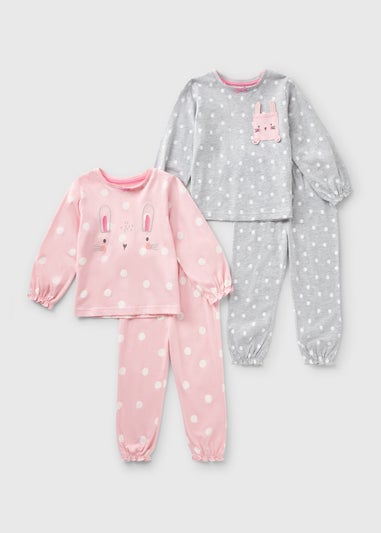 2 Pack Girls Pink Bunny Top & Bottom Pyjama Set (1-7yrs)
