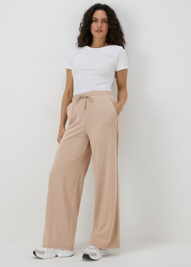 Beige Textured Straight Leg Jogging Bottoms