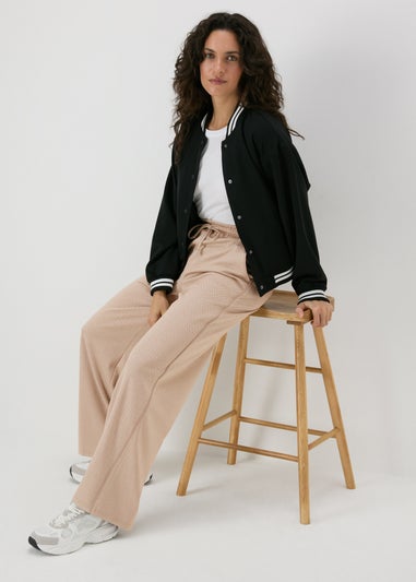 Beige Textured Straight Leg Trousers