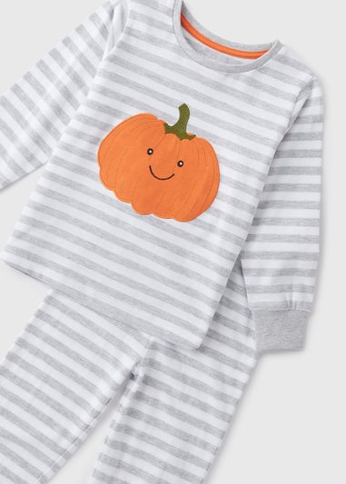 Unisex Grey Striped Pumpkin Pyjama Top & Bottoms Set (1-7yrs)