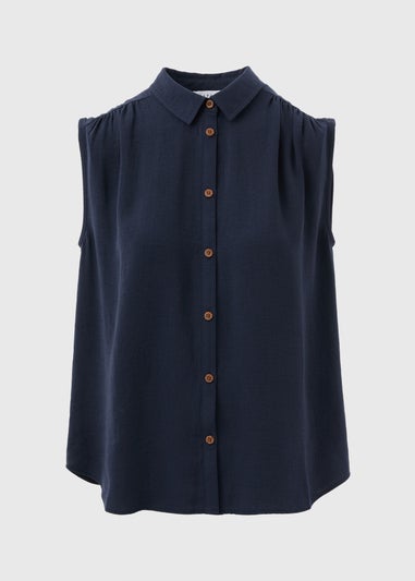 Navy Sleeveless Button Shirt