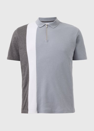 Grey Block Colour Zip Polo Shirt