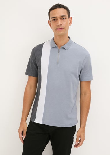 Grey Block Colour Zip Polo Shirt