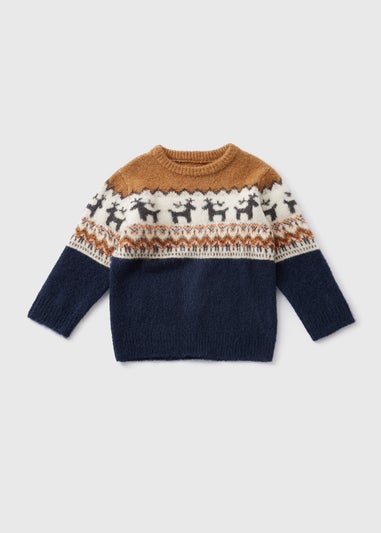 Boys Navy Reindeer Fairisle Knit Jumper (1-7yrs)