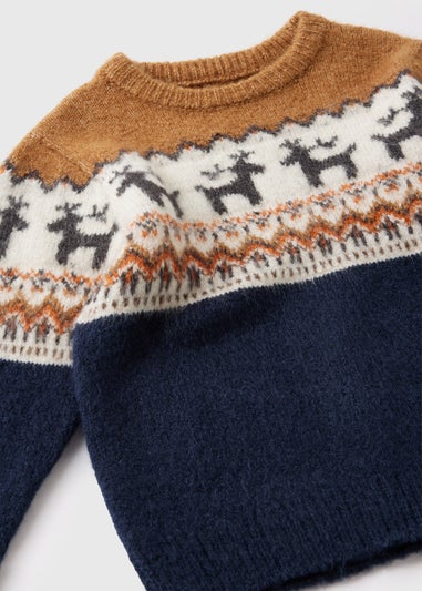 Boys Navy Reindeer Fairisle Knit Jumper (1-7yrs)