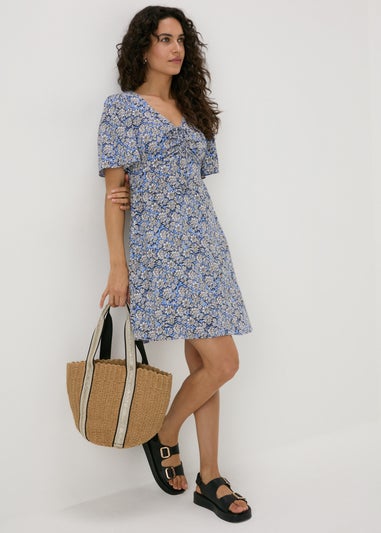 Blue Floral Viscose Mini Dress