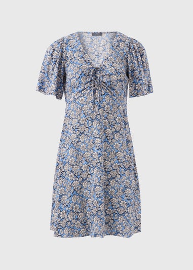 Blue Floral Viscose Mini Dress